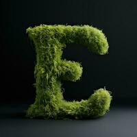 lettera e con muschio. grande morbido foresta font. verde tipografico simbolo fatto di erba. concetto di comfort, natura e ecologia. ai generato foto