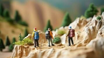 miniatura turista nel montagne. giocattolo uomo viaggi e escursioni. diorama riposo e vacanza. piccolo personaggi nel natura creato con generativo ai tecnologia foto