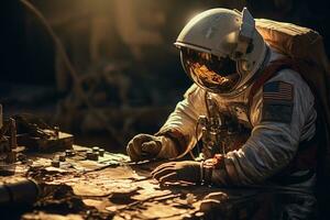 astronauta è riparazione navicella spaziale nel spazio su un' bokeh stile sfondo con generativo ai foto