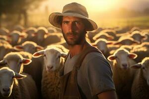 maschio contadino su pecora azienda agricola nel il giorno con generativo ai foto