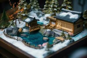 diorama di giapponese giardino. caldo molla, giocattolo vacanza casa. miniatura di giapponese ricorrere creato con generativo ai tecnologia foto