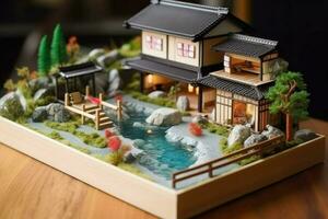 diorama di giapponese giardino. caldo molla, giocattolo vacanza casa. miniatura di giapponese ricorrere creato con generativo ai tecnologia foto
