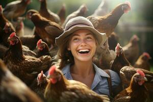 femmina contadino su pollo azienda agricola nel il giorno con generativo ai foto