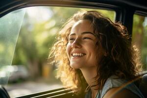 un' femmina turista si siede di il auto finestra mentre guida su un' strada viaggio con generativo ai foto