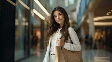 simpatico bella donna con acquirente a centro commerciale. bellissimo ragazza nel memorizzare con acquisti. ai generato foto