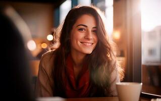 bellissimo giovane donna ritratto guardare per telecamera su accogliente caffetteria. ai generativo foto