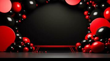 rosso e nero sfere al di sopra di rosso superficie e nero sfondo. nero Venerdì concetto. modello modello per testo, logo e Prodotto presentazione. ai generativo foto