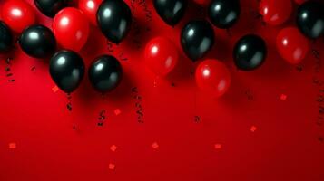 rosso e nero palloncini al di sopra di rosso sfondo. nero Venerdì concetto. modello modello per testo, logo e Prodotto presentazione. ai generativo foto