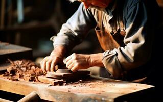 falegname nel il suo laboratorio Lavorando con Di legno. avvicinamento foto di il processi. ai generativo