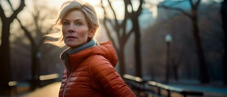 mezzo anziano donna jogging allenarsi a il parco. salutare stile di vita concetto. ai generativo foto