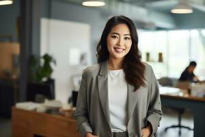attraente asiatico donna d'affari Amministratore delegato fiducioso e staning davanti di moderno ufficio, ai generato foto