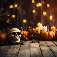 Halloween decorativo su di legno tavolo superiore con sfocato notte scena sfondo, ai generato foto