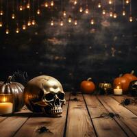 Halloween decorativo su di legno tavolo superiore con sfocato notte scena sfondo, ai generato foto