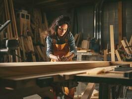 giovane femmina falegname Lavorando come un' legna progettista nel legna Lavorando negozio, Genere uguaglianza concetto, ai generato foto