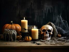 Halloween decorativo su di legno tavolo superiore con sfocato notte scena sfondo, ai generato foto