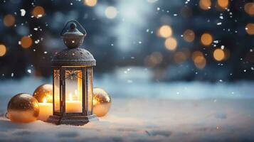 Natale lanterna leggero su neve sfondo con ornamenti nel sera scena, ai generato foto