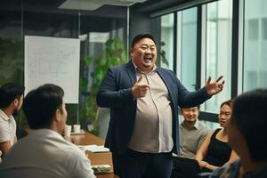 più dimensione manager asiatico uomo d'affari parlando e presentazione nel incontro camera, ai generato foto