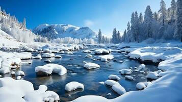 paesaggio di inverno montagna con fiume nel nazionale parco, ai generato foto