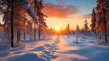 bellissimo tramonto nel il inverno neve paesaggio sfondo, ai generato foto