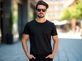 un' uomo con occhiali da sole indossare vuoto vuoto nero maglietta modello per design modello, ai generato foto