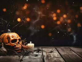 Halloween decorativo su di legno tavolo superiore con sfocato notte scena sfondo, ai generato foto