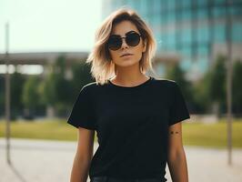 attraente giovane donna indossare vuoto vuoto nero maglietta modello per design modello, ai generato foto
