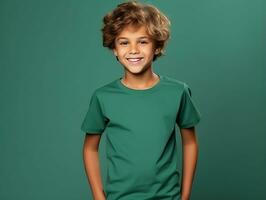 carino ragazzo indossare vuoto vuoto verde maglietta modello per design modello, ai generato foto