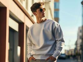 giovane uomo indossare vuoto vuoto grigio maglietta lungo maniche maglione modello per design modello, ai generato foto