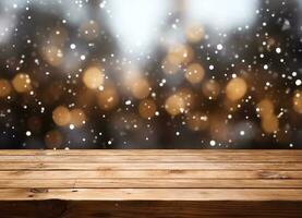 astratto vuoto di legno tavolo superiore con copia spazio al di sopra di Natale inverno bokeh sfocato leggero sfondo, ai generato foto