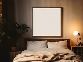 moderno accogliente Camera da letto con vuoto vuoto foto telaio su parete per decorativo, ai generato