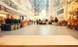 vuoto legna tavolo superiore su sfocatura astratto di strada shopping centro commerciale all'aperto sfondo, per montaggio Prodotto Schermo, ai generato foto