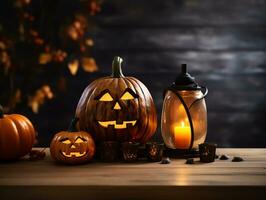 Halloween decorativo su di legno tavolo superiore con sfocato notte leggero scena sfondo, ai generato foto