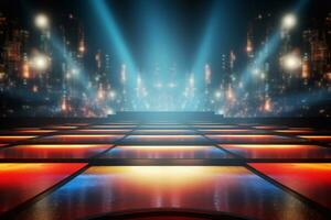 palcoscenico con rosso tappeto e faretti, palcoscenico podio scena, palcoscenico sfondo illuminazione attrezzatura palcoscenico riflettore sfondo generativo ai foto