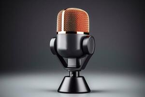 un' foto di 3d interpretazione di un' microfono su un' grigio sfondo. studio sparo. trasmissione, Radio, parlare, cantare, voce, mic e discorso concetto generativo ai