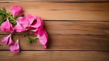 dolce pisello fiore su legna sfondo con copia spazio, ai generativo foto