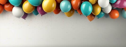 un' Immagine di multicolore palloncini volante nel il aria. 3d illustrazione. finto su e celebrare funzione generativo ai foto