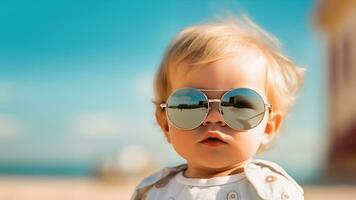 alla moda infantile indossare occhiali da sole su un' estate pastello, ai generativo foto
