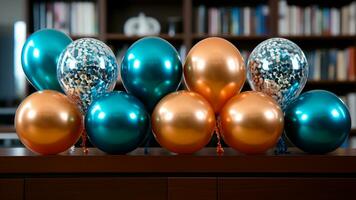 nuovo anni festa arredamento festivo palloncini, stelle filanti, e segnaletica, ai generativo foto