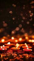 Diwali sfondo con copia spazio. un' illuminato candela su un' di legno tavolo, con un' sfocato bokeh sfondo di luci. Perfetto per pubblicità, striscioni, e sociale media messaggi. generativo ai foto