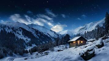 inverno Paese delle meraviglie panorama, di legno Casa nel nevoso montagne sotto stellato cielo. generativo ai foto