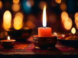 bellissimo Diwali diya con ardente candele su buio sfondo foto