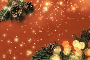 Natale albero e regalo scatola palle. bokeh ghirlande nel il sfocatura rosso d'oro sfondo. cubo bloccare per contenere il scopo di facendo. sviluppando idee per il nuovo anno 2024. Festival di celebrazione contento. foto