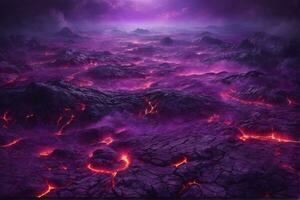 viola lava sfondo, raggiante lava sfondo, magma fluire, lava fluire, Cracked lava, ai generativo foto