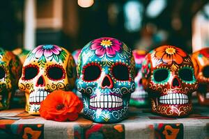 dia de los muertos o giorno di il morto Calavera zucchero cranio Souvenirs su regalo negozio tavolo, ai generativo foto