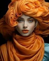 un' vivace donna con ardente arancia capelli e un' fluente blu camicia sta nel davanti di un' maestoso interno statua, incarnando il bellezza e energia di moda e femminilità, ai generativo foto