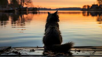 un' solitario felino si crogiola nel il etereo splendore di il ambientazione sole, ipnotizzato di il scintillante acque e il infinito distesa di il invernale cielo, ai generativo foto