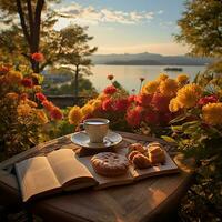 prima colazione tavolo impostato sotto autunno alberi, prospiciente lago nel Giappone. mazzo di fiori, tazza di Tè, libri adornano il tavolo. riflessione di il montagne e alberi nel il lago. generativo ai foto