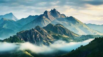 montagna picco sera nebbia paesaggio ai generato foto