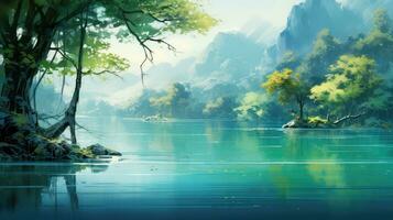 cielo blu lago albero paesaggio ai generato foto
