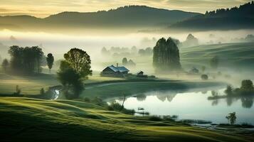 campagna tranquillo, calmo alba nebbia paesaggio ai generato foto